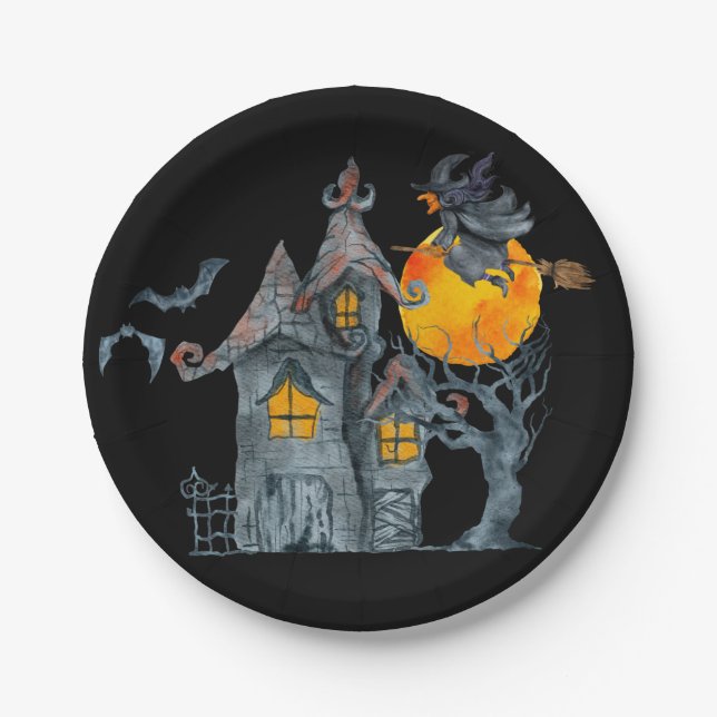 Plato De Papel Halloween con temática de brujas fantasmales (Anverso)