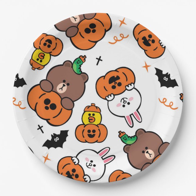 Plato De Papel Halloween con un conejo y un oso lindo (Anverso)