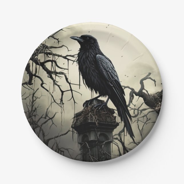 Plato De Papel Halloween Creepy Raven Graveyard Cemetery Gothic (Anverso)