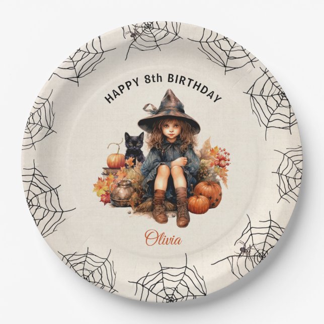 Plato De Papel Halloween Cumpleaños Cute Witch Paper Placas (Anverso)