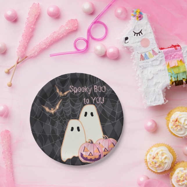 Plato De Papel Halloween Cumpleaños Plate Naranja Rosa Ghost Bat  (Fiesta)