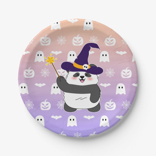 Plato De Papel Halloween Curte Baby Panda Witch Magic Wand (Anverso)