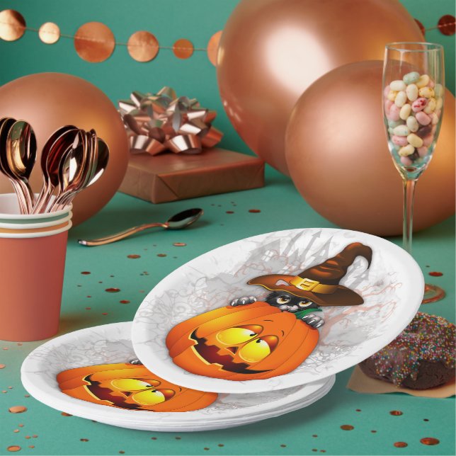 Plato De Papel Halloween Curte Kitty Witch and Pumpkin Friend (Multi)