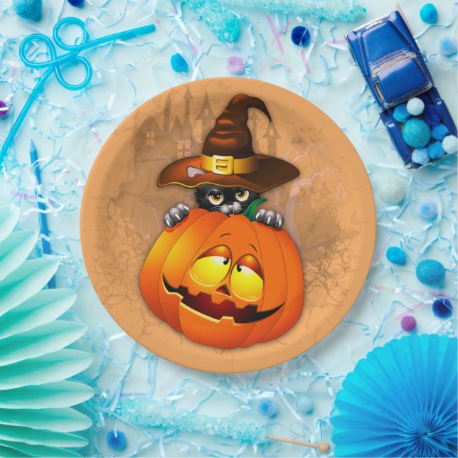 Plato De Papel Halloween Curte Kitty Witch and Pumpkin Friend (Fiesta)