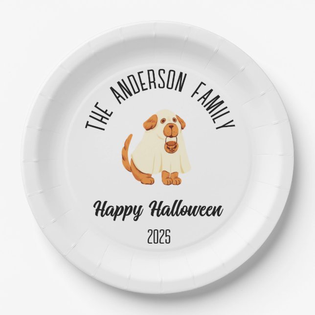 Plato De Papel Halloween Cute Dog Ghost Costume Nombre Personaliz (Anverso)