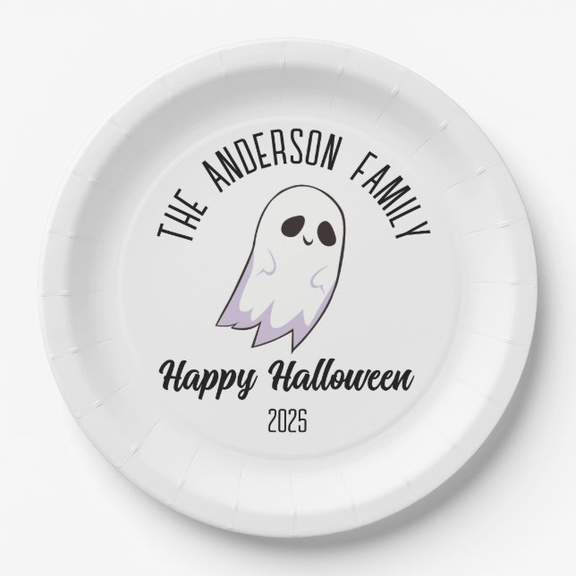 Plato De Papel Halloween Cute Ghost Personalizado Nombre Año (Anverso)