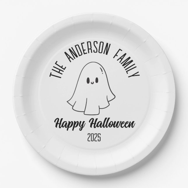 Plato De Papel Halloween Cute Ghost Personalizado Nombre Año (Anverso)