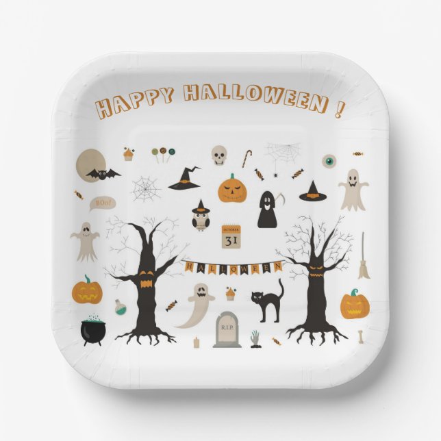 Plato De Papel Halloween Cute Spookee Ghost Witch Pumpkin (Anverso)
