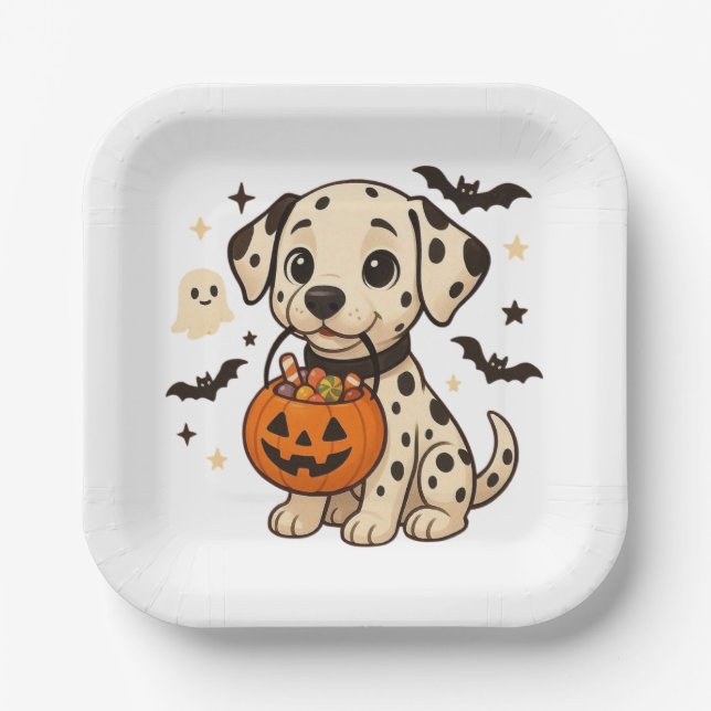 Plato De Papel Halloween Dalmatian Dog Trick or Treth (Anverso)