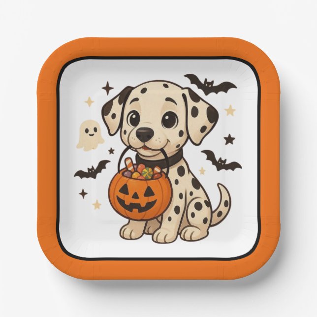 Plato De Papel Halloween Dalmatian Dog Trick or Treth (Anverso)