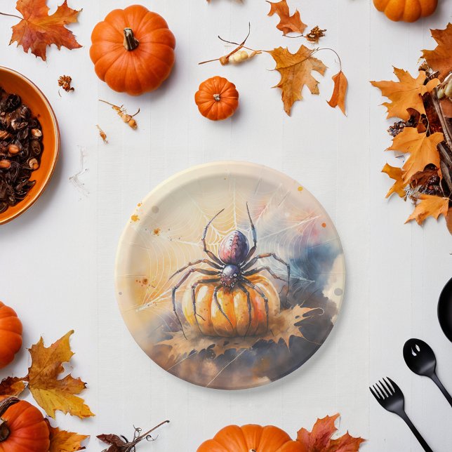 Plato De Papel Halloween de araña acuarela (Subido por el creador)