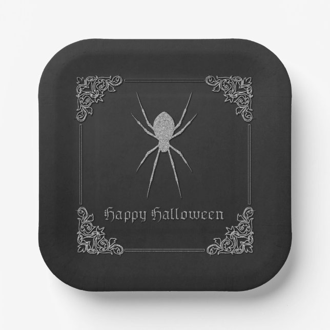 Plato De Papel Halloween de araña plateada (Anverso)