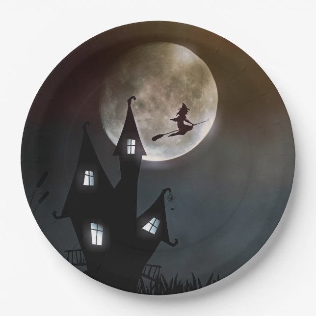 Plato De Papel Halloween de bruja de la luna llena (Anverso)