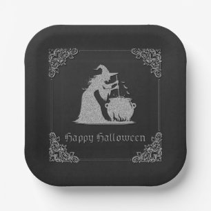 Plato De Papel Halloween de Brujas y Calderones Plateados