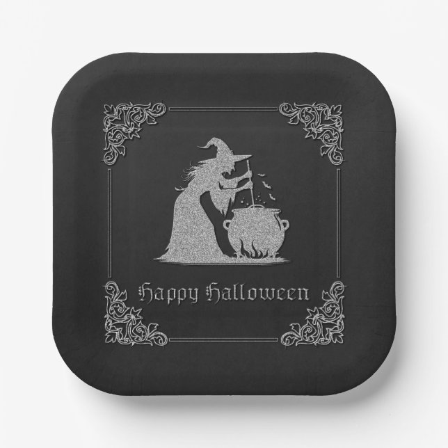 Plato De Papel Halloween de Brujas y Calderones Plateados (Anverso)