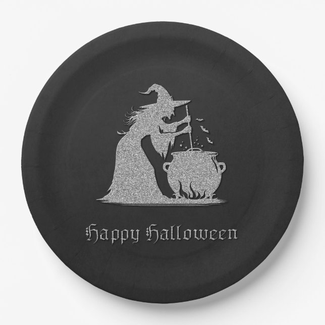 Plato De Papel Halloween de Brujas y Calderones Plateados (Anverso)