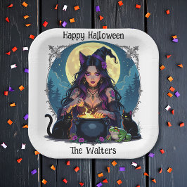 Plato De Papel Halloween de Brujas y Cauldrones Personalizados