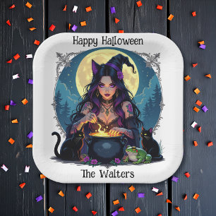 Plato De Papel Halloween de Brujas y Cauldrones Personalizados