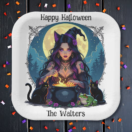 Plato De Papel Halloween de Brujas y Cauldrones Personalizados