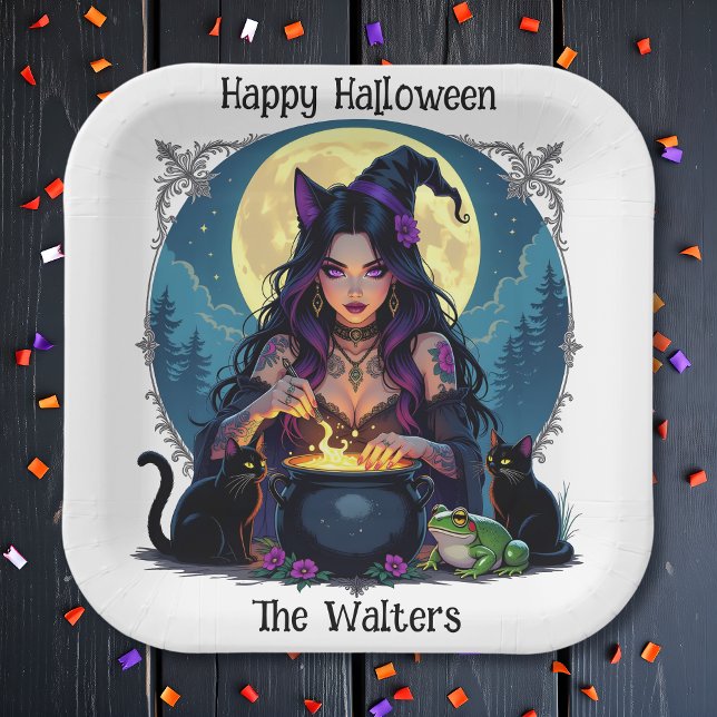 Plato De Papel Halloween de Brujas y Cauldrones Personalizados (Subido por el creador)