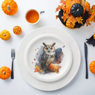 Plato De Papel Halloween de búho acuarela