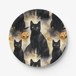 Plato De Papel Halloween de calabaza de gato negro
