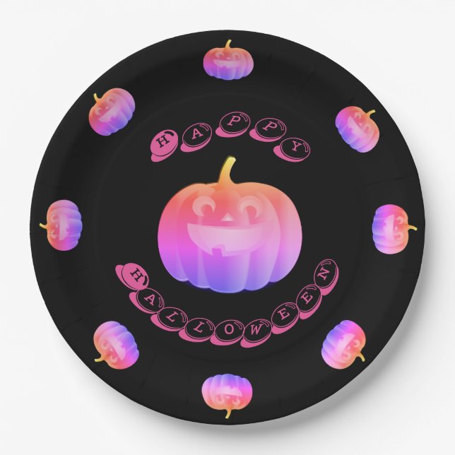 Plato De Papel Halloween de calabaza rosa (Anverso)