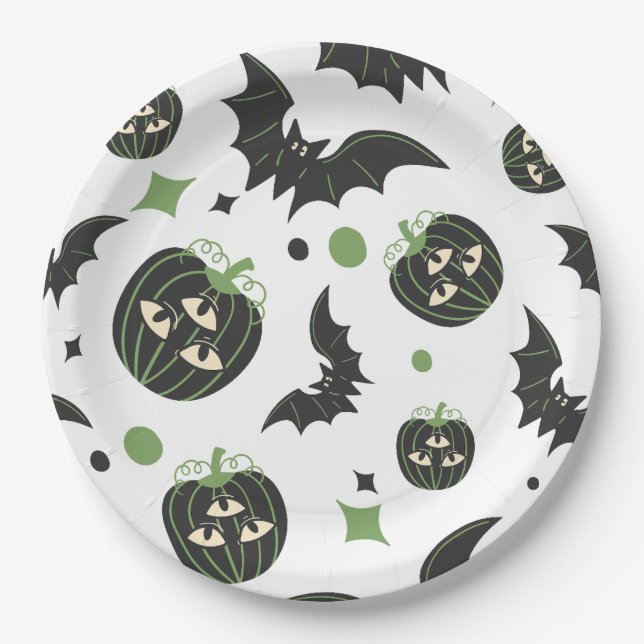 Plato De Papel Halloween de calabaza y murciélagos modernos de 3  (Anverso)