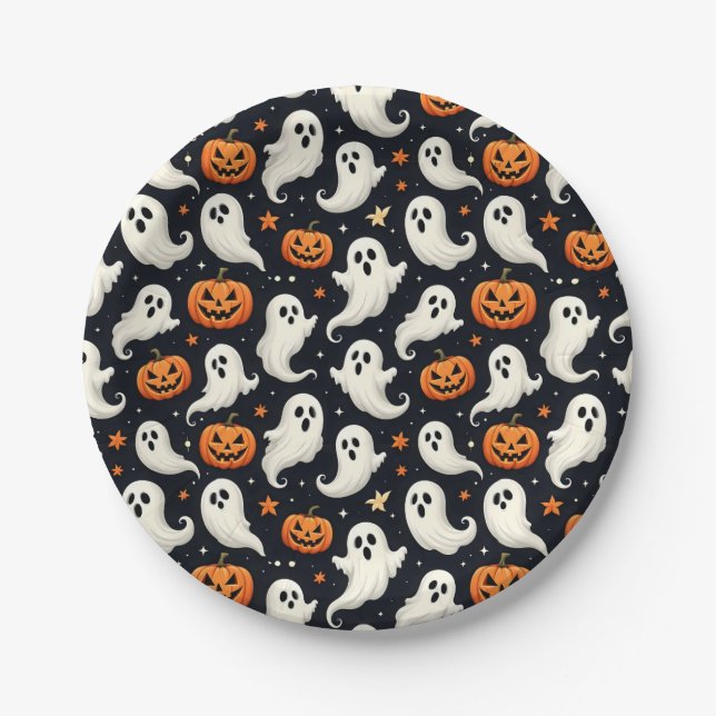 Plato De Papel Halloween de Fantasmas y Jack o'Lanterns (Anverso)