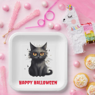 Plato De Papel Halloween de gato negro lindo