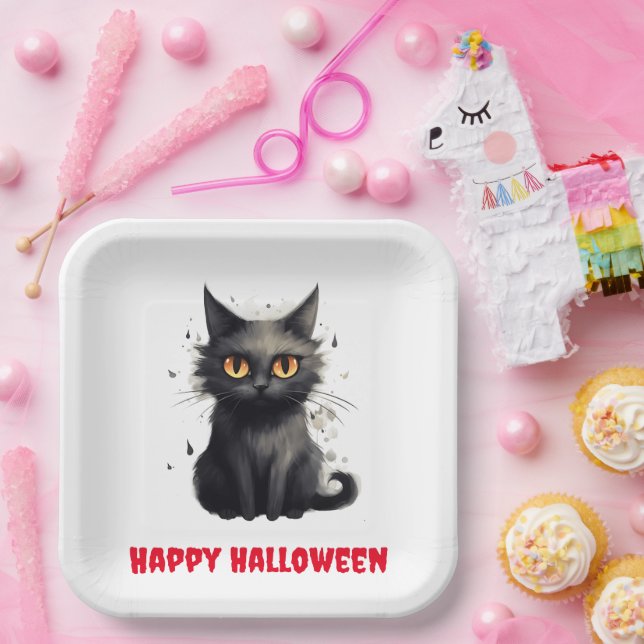 Plato De Papel Halloween de gato negro lindo (Fiesta)