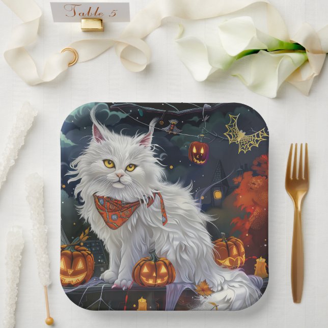 Plato De Papel Halloween de gatos angora turca espeluznante (Boda)