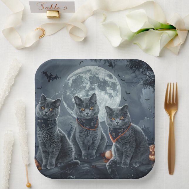 Plato De Papel Halloween de gatos azules rusos espeluznante (Boda)