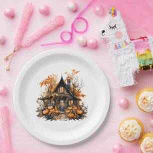 Plato De Papel Halloween de Hauned House con calabazas