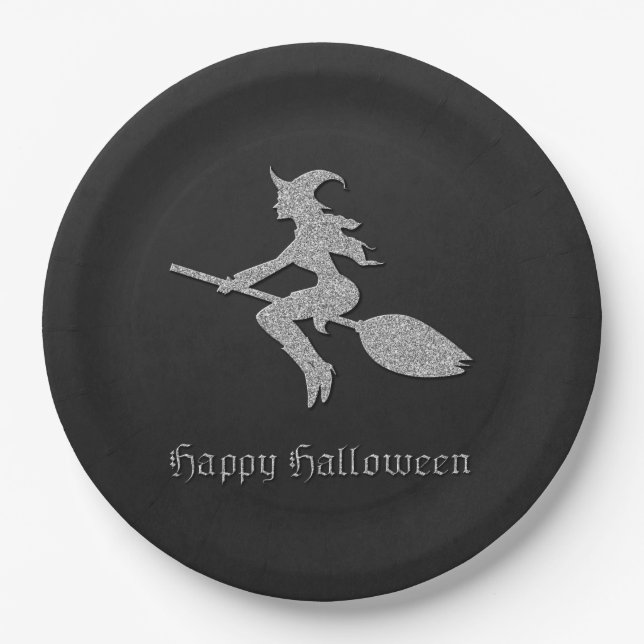 Plato De Papel Halloween de la Bruja Voladora de Plata (Anverso)