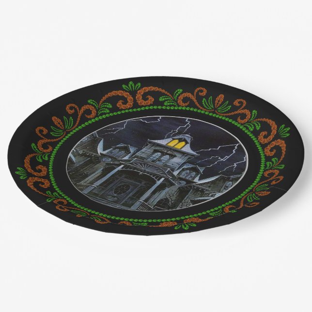 Plato De Papel Halloween de la casa embrujada del naranja Green (Angular)