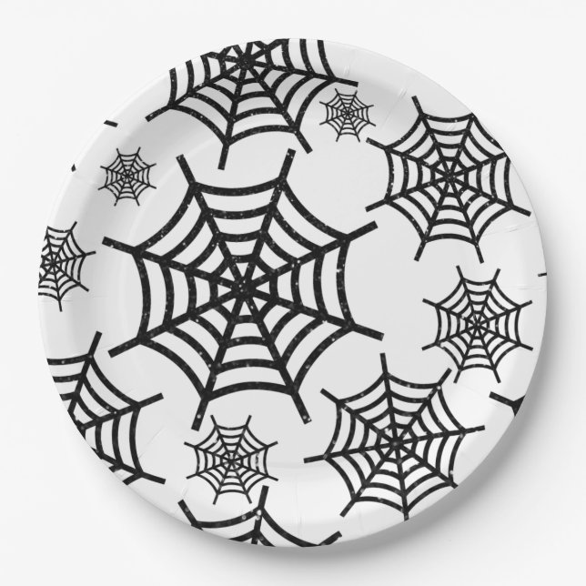 Plato De Papel Halloween de la Purpurina negra Spiderweb (Anverso)