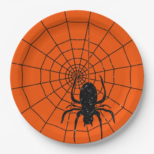 Plato De Papel Halloween de la Purpurina negra Spiderweb (Anverso)