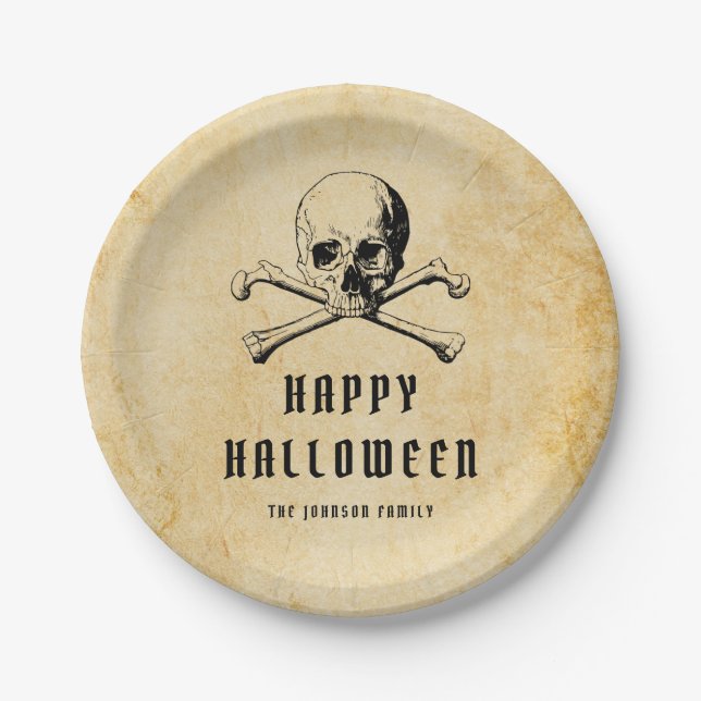 Plato De Papel Halloween de los piratas y los huesos (Anverso)