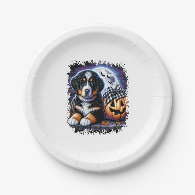 Plato De Papel Halloween de Perro de Montaña de Bernese (Anverso)