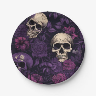 Plato De Papel Halloween del cráneo del Gótico morado floral