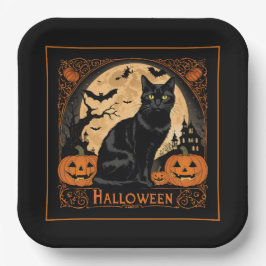 Plato De Papel Halloween del gato negro Kitty