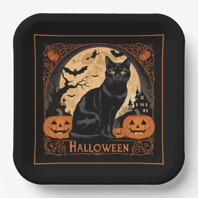 Plato De Papel Halloween del gato negro Kitty (Anverso)