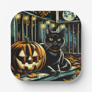 Plato De Papel Halloween del gato negro y el Jack-O-Lantern