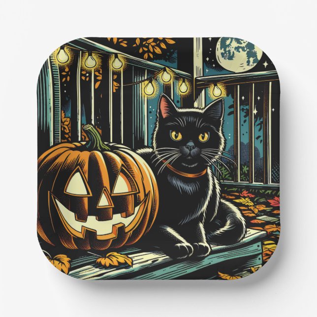 Plato De Papel Halloween del gato negro y el Jack-O-Lantern (Anverso)