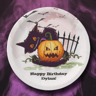 Plato De Papel Halloween del gato negro y Jack o' Lantern
