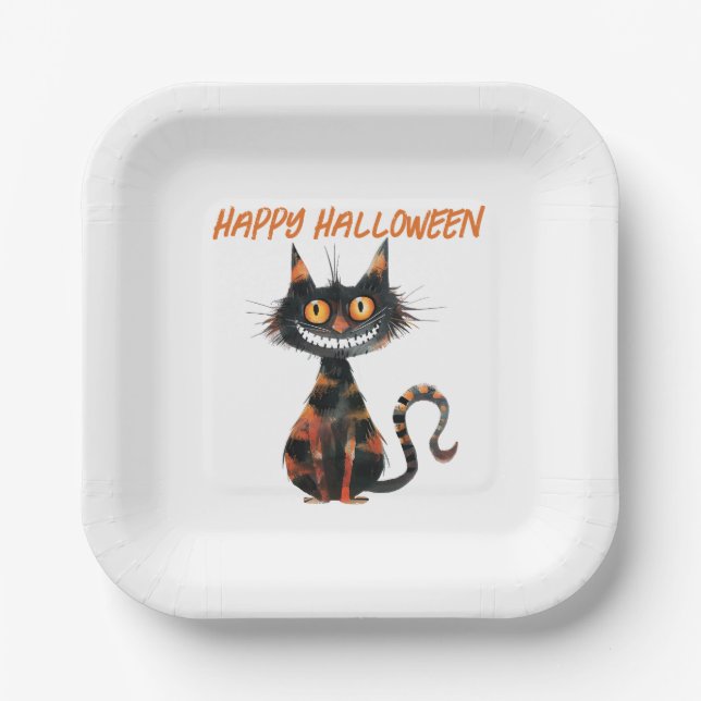 Plato De Papel Halloween del gato negro y Naranja espeluznante (Anverso)