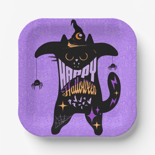 Plato De Papel Halloween divertido de gato negro retro (Anverso)