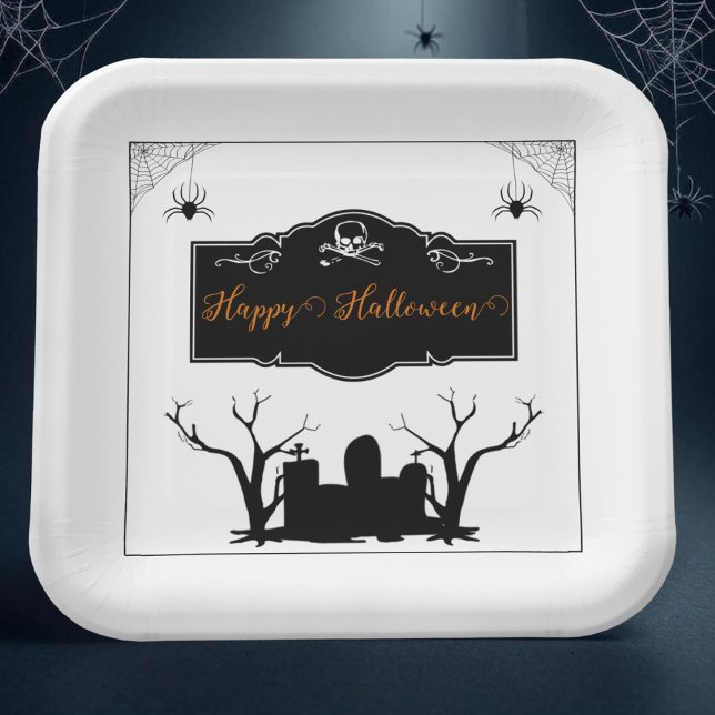 Plato De Papel Halloween en el césped de fantasía (Spooky Graveyard Halloween Paper Plates)