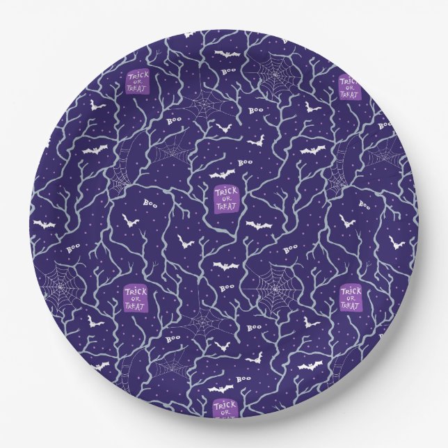 Plato De Papel Halloween espeluznante en morado (Anverso)